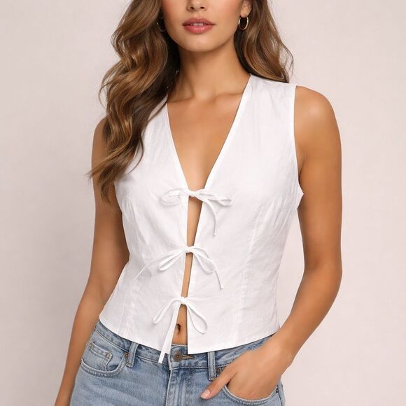 Steve Madden Tops - NWT Steve Madden Solid White Tie-Front Sleeveless Camisole V Neck Cotton size L